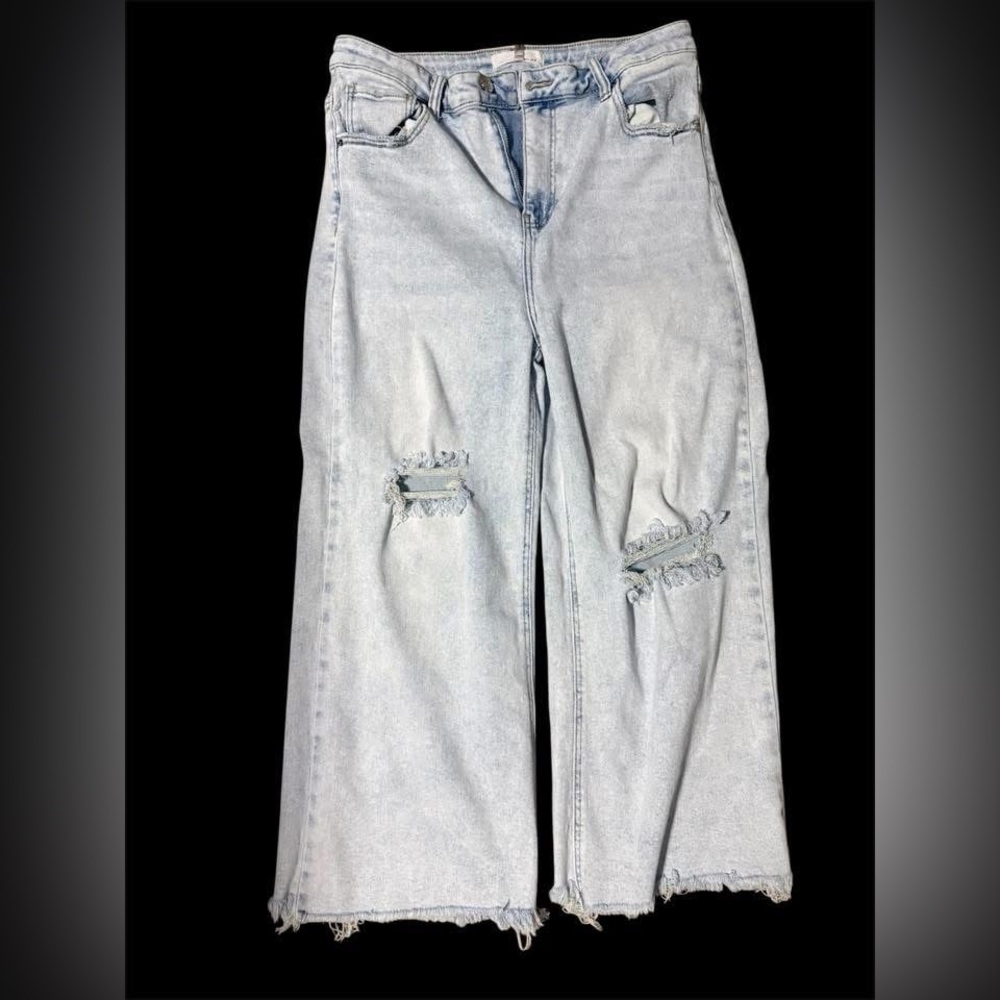 Light Blue Distressed Wide-Leg Jeans